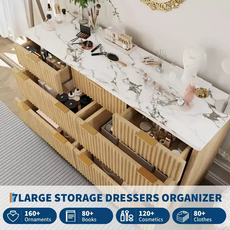 Cassettiera a coste – Comò in legno a 7 o 8 cassetti, larghezza 137 cm