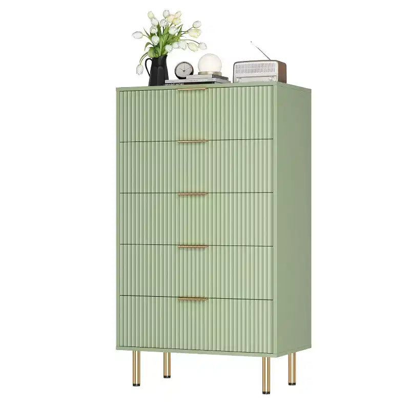 Acekool 5 Drawer Dresser, Tall Modern Chest with Fluted Panels & Wide Gold Handles, Bedroom Storage Organizer for Closet, Living Room, Entryway