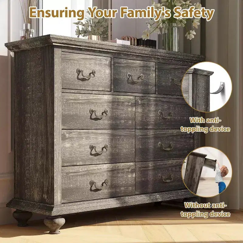 Cassettiera stile Farmhouse a 9 cassetti con maniglie in metallo