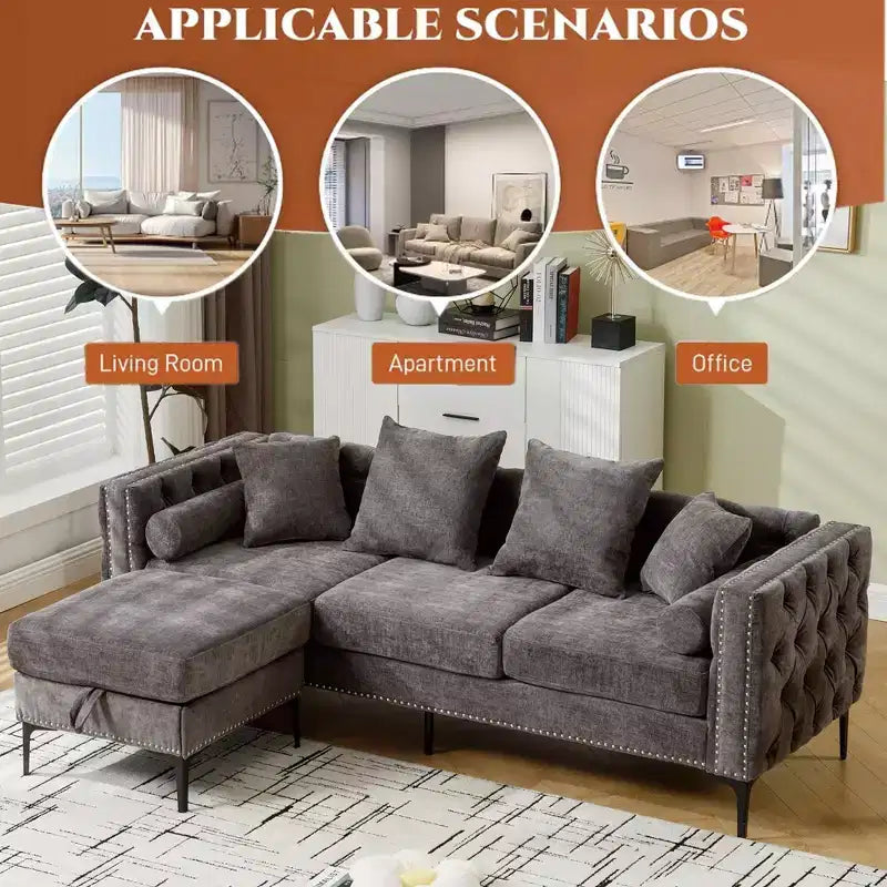 Divano Sezionale a 4 Posti in ciniglia con Pouf Contenitore