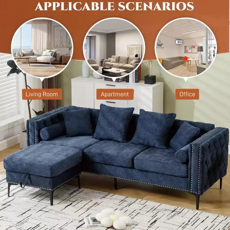 Divano Sezionale a 4 Posti in ciniglia con Pouf Contenitore