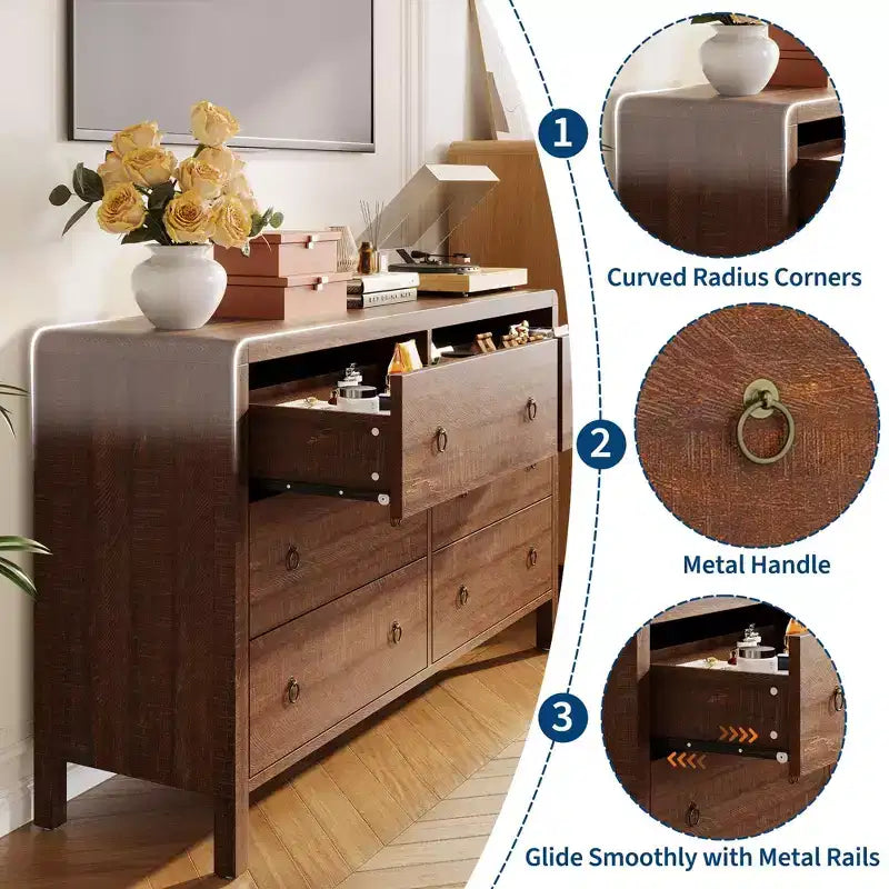 Cassettiera in legno a 6 cassetti con maniglie in metallo – Comò contenitore largo 120 cm