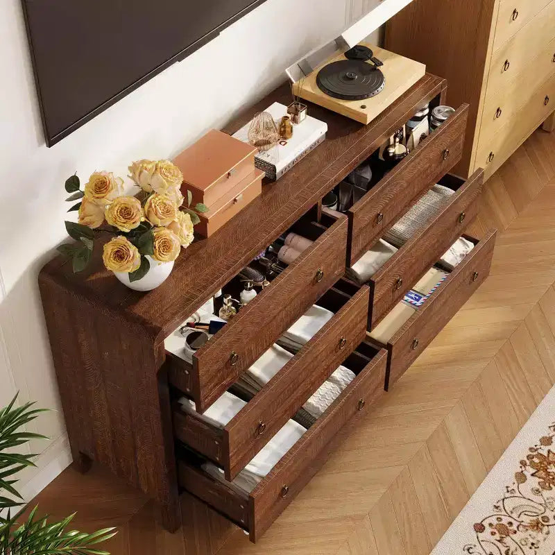Cassettiera in legno a 6 cassetti con maniglie in metallo – Comò contenitore largo 120 cm
