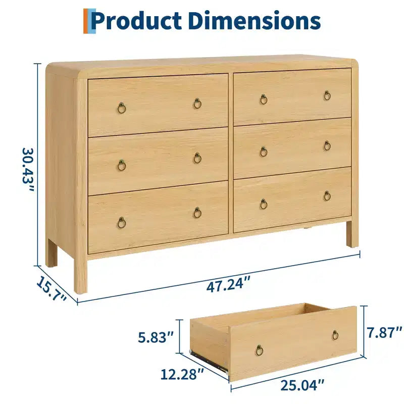 Cassettiera in legno a 6 cassetti con maniglie in metallo – Comò contenitore largo 120 cm