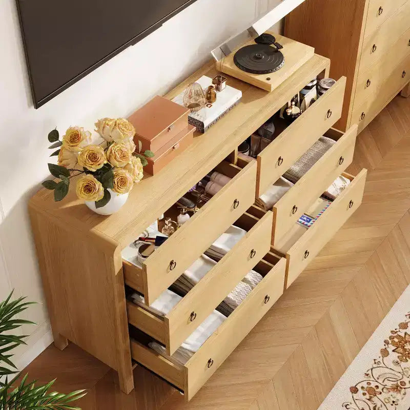 Cassettiera in legno a 6 cassetti con maniglie in metallo – Comò contenitore largo 120 cm