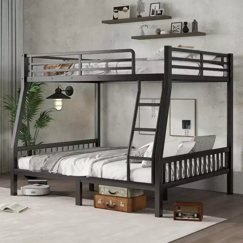 TUYOHW Full XL Over Queen Bunk Bed with Ladder,Metal Bunk Bed Frame with Safety Guardrail and Slats Support for Kids Teens Dorm Rooms,Black