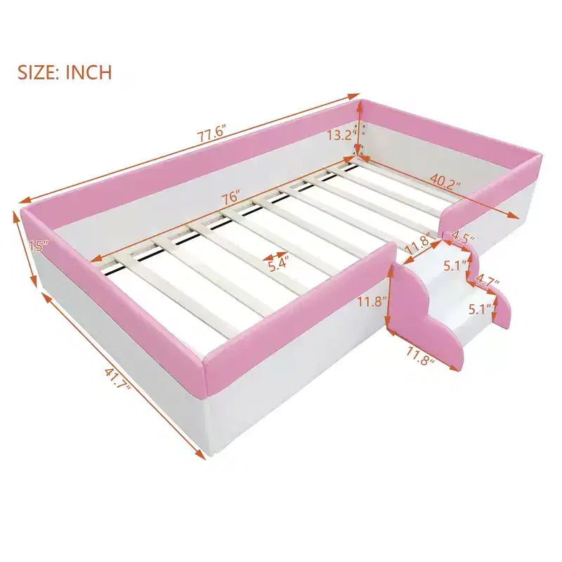 Struttura letto a pavimento per bambini Twin Size con recinzione circolare e scale – Rosa e Bianco