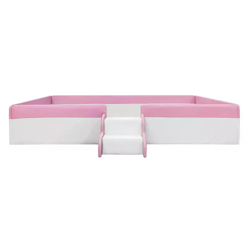 Struttura letto a pavimento per bambini Twin Size con recinzione circolare e scale – Rosa e Bianco