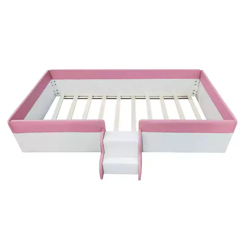 Struttura letto a pavimento per bambini Twin Size con recinzione circolare e scale – Rosa e Bianco