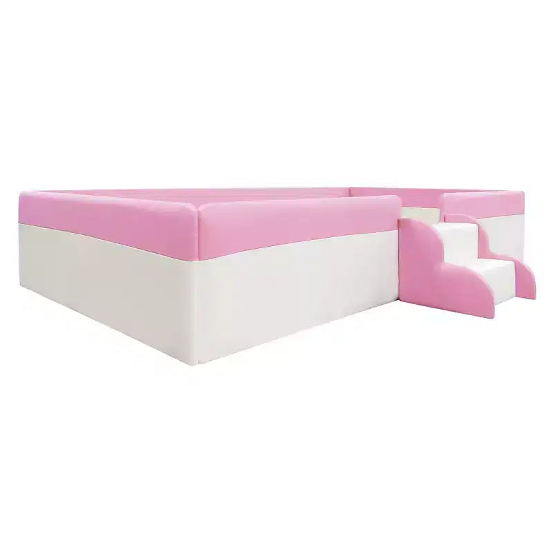 Struttura letto a pavimento per bambini Twin Size con recinzione circolare e scale – Rosa e Bianco