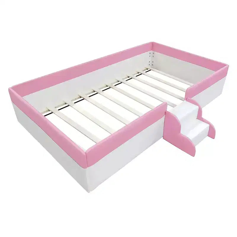 Struttura letto a pavimento per bambini Twin Size con recinzione circolare e scale – Rosa e Bianco