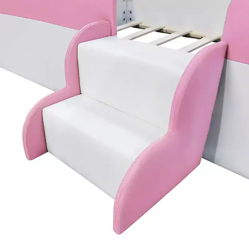 Struttura letto a pavimento per bambini Twin Size con recinzione circolare e scale – Rosa e Bianco