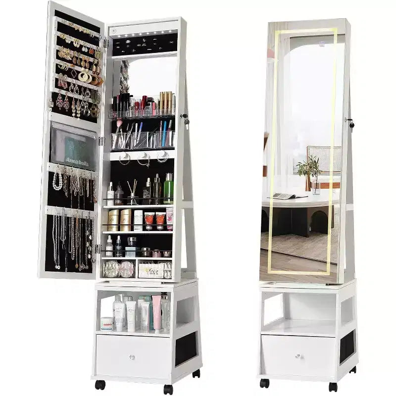 360 Swivel Jewelry Cabinet With Led Lights, Rotatable Full Length Mirror With Jewelry Storage,Lockable Standing Jewelry Armoire Organizer