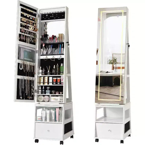 360 Swivel Jewelry Cabinet With Led Lights, Rotatable Full Length Mirror With Jewelry Storage,Lockable Standing Jewelry Armoire Organizer