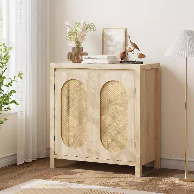 Mobile credenza in legno con ante in rattan e ripiano regolabile