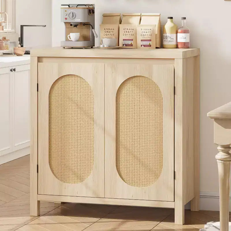 Mobile credenza in legno con ante in rattan e ripiano regolabile