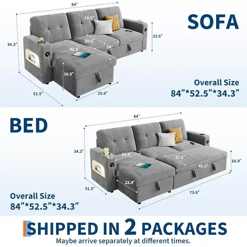 Divano letto a L da 84 pollici con chaise longue contenitore