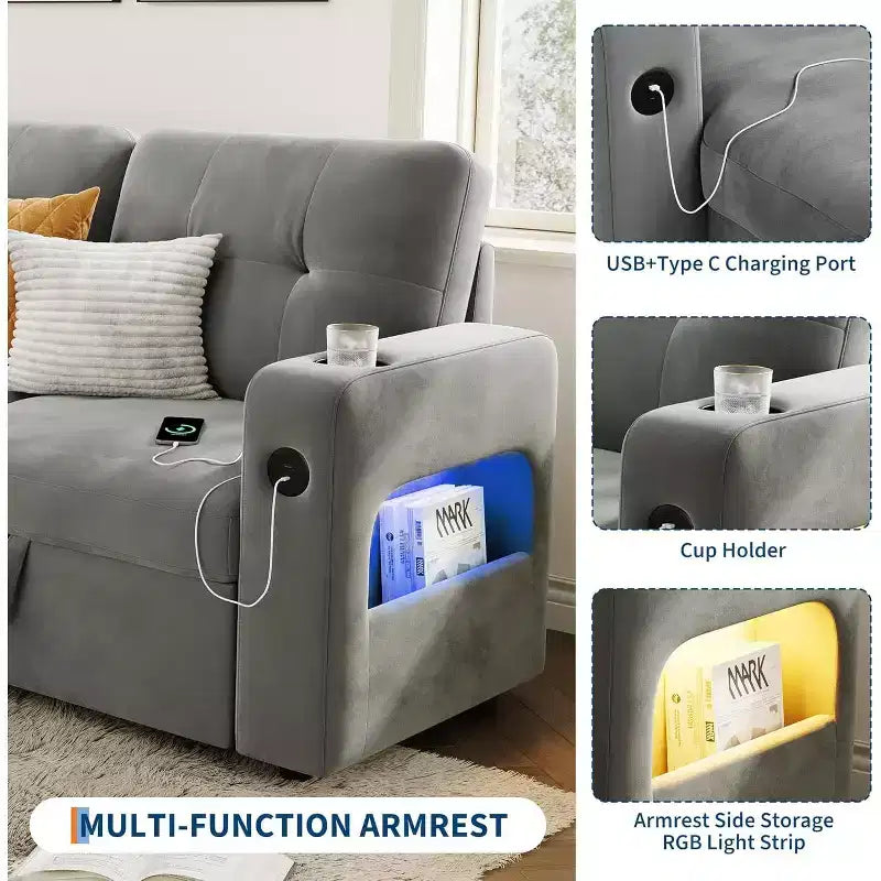 Divano letto a L da 84 pollici con chaise longue contenitore