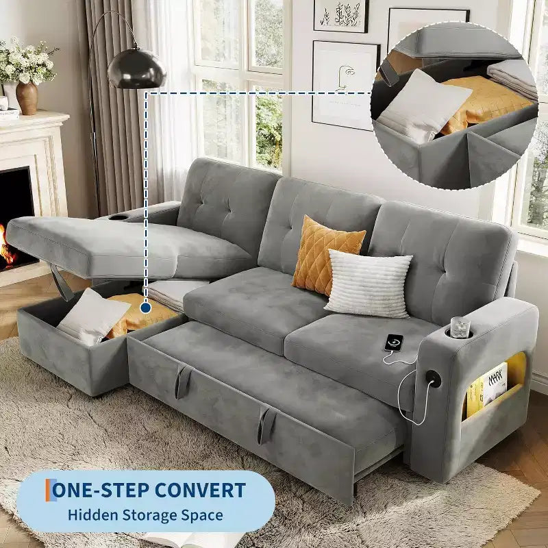 Divano letto a L da 84 pollici con chaise longue contenitore