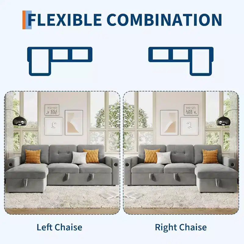 Divano letto a L da 84 pollici con chaise longue contenitore