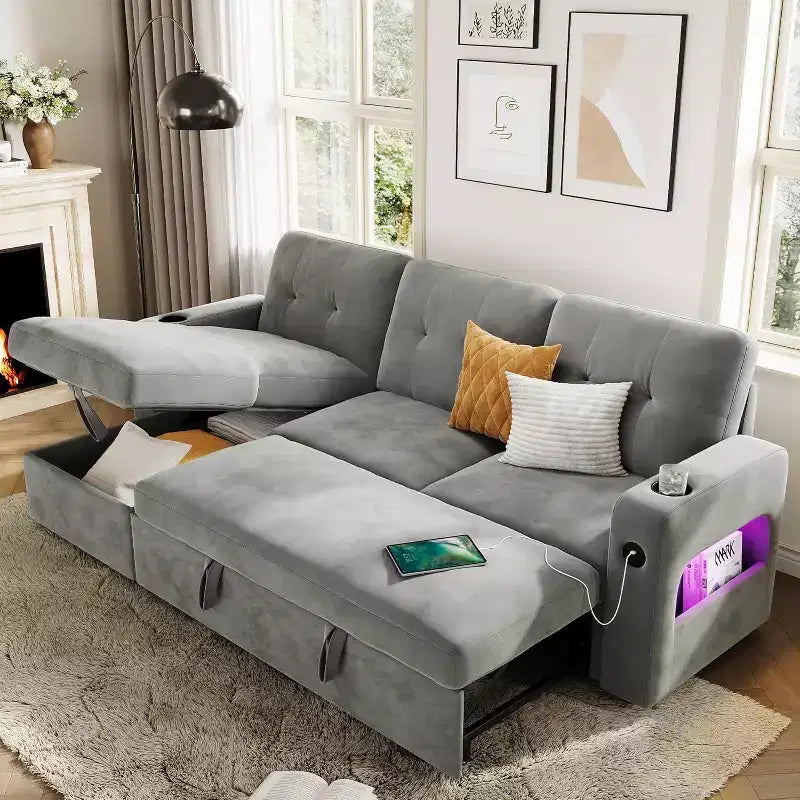 Divano letto a L da 84 pollici con chaise longue contenitore