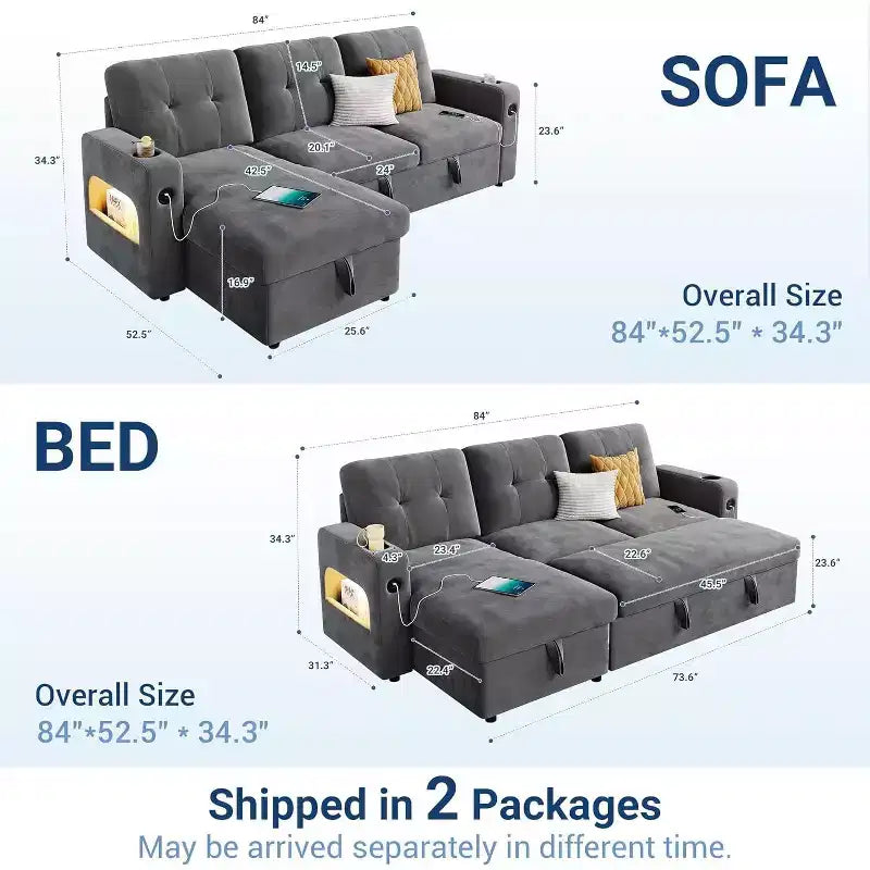 Divano letto a L da 84 pollici con chaise longue contenitore