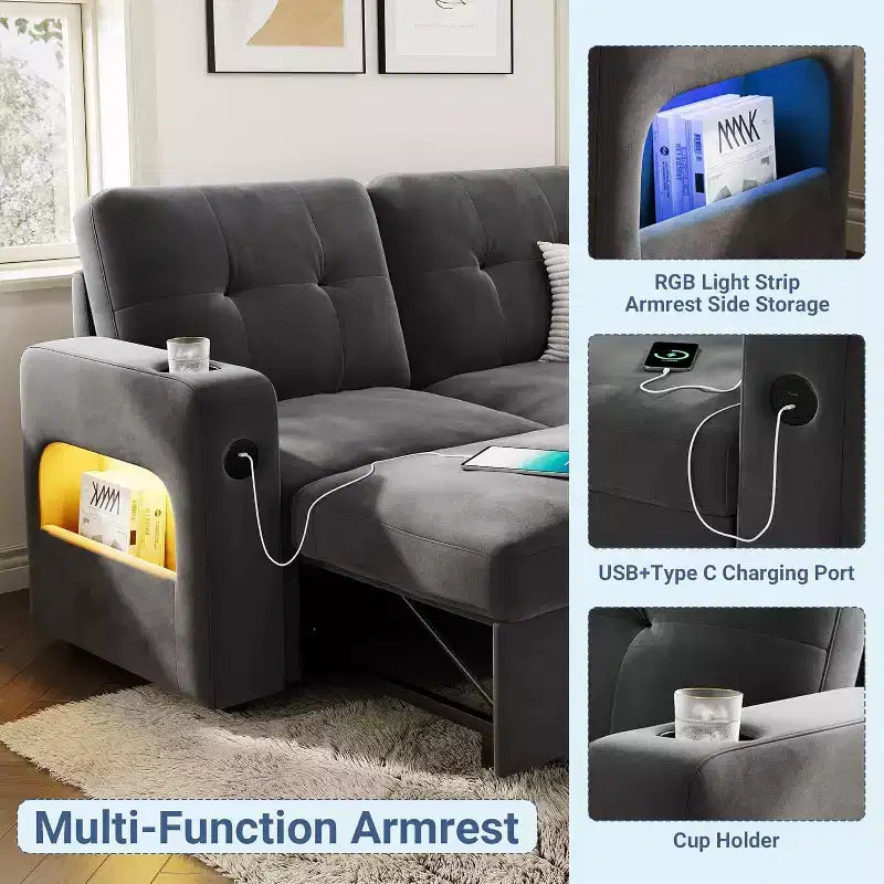 Divano letto a L da 84 pollici con chaise longue contenitore