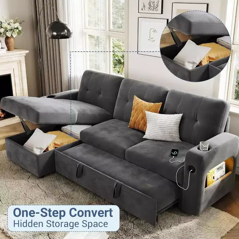 Divano letto a L da 84 pollici con chaise longue contenitore