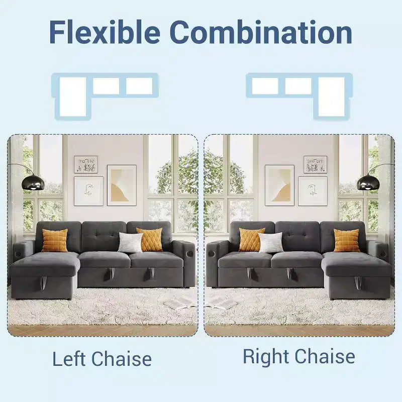 Divano letto a L da 84 pollici con chaise longue contenitore