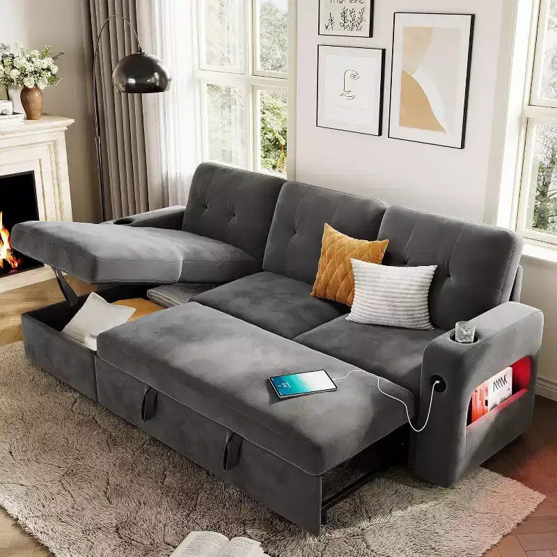 Divano letto a L da 84 pollici con chaise longue contenitore