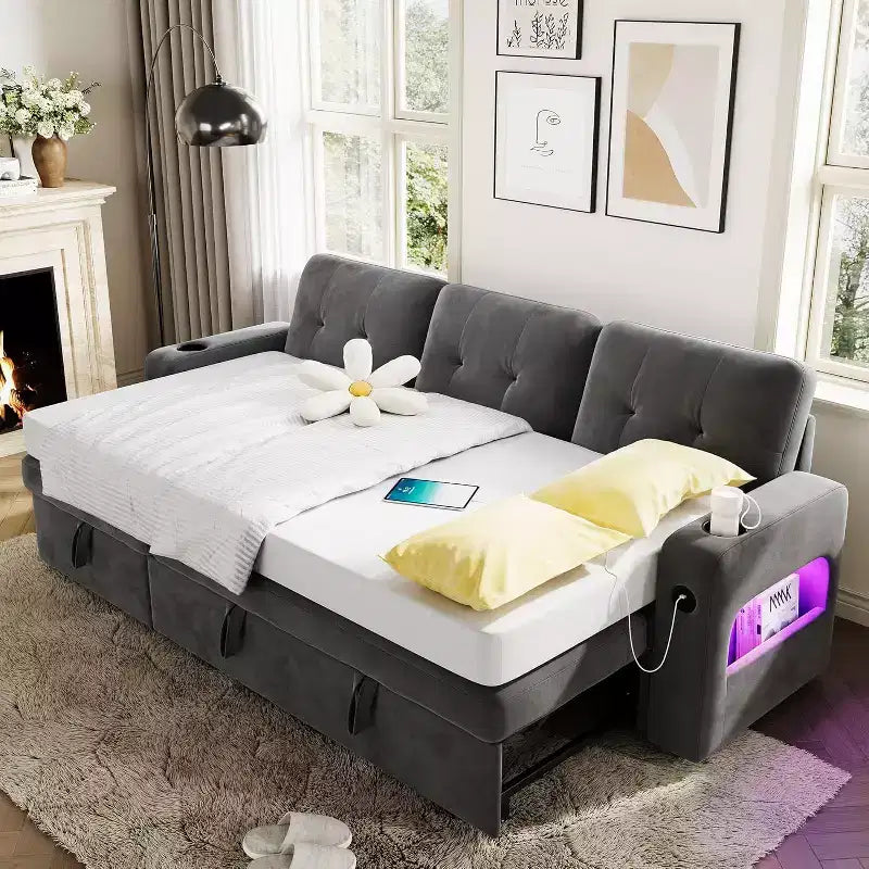 Divano letto a L da 84 pollici con chaise longue contenitore