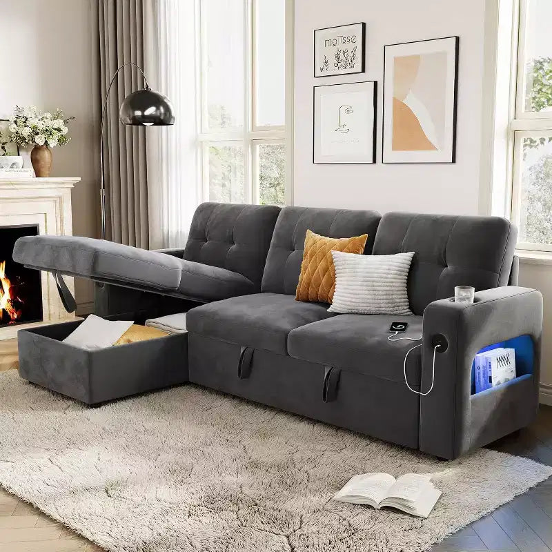 Divano letto a L da 84 pollici con chaise longue contenitore