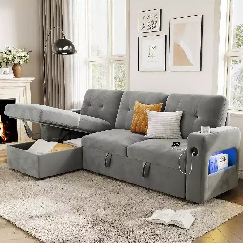 Divano letto a L da 84 pollici con chaise longue contenitore