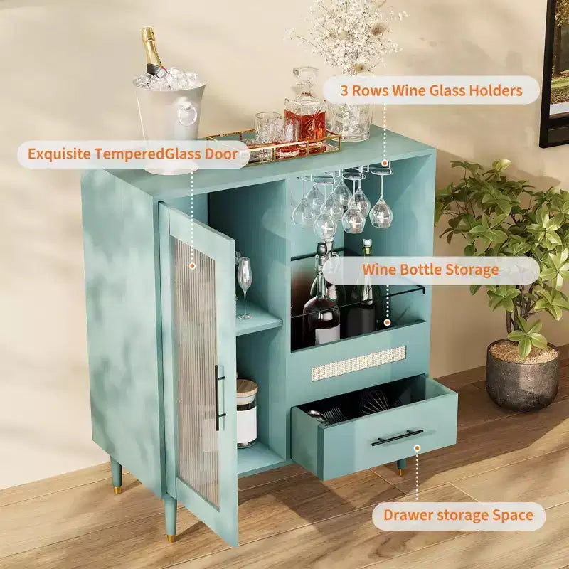 Mobile Bar da Caffè da 78 cm con Ante in Vetro, Portabicchieri e Cassetti Contenitori