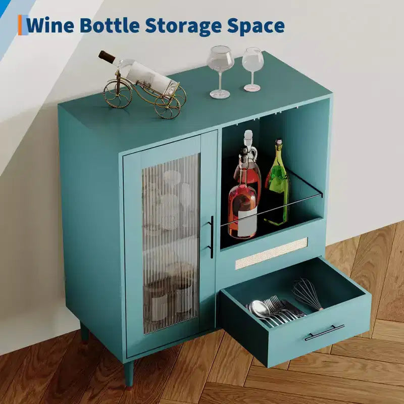 Mobile Bar da Caffè da 78 cm con Ante in Vetro, Portabicchieri e Cassetti Contenitori