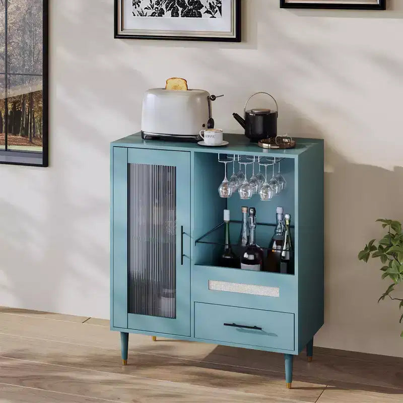 Mobile Bar da Caffè da 78 cm con Ante in Vetro, Portabicchieri e Cassetti Contenitori