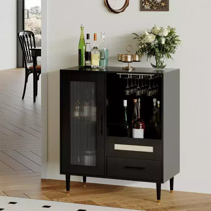 Mobile Bar da Caffè da 78 cm con Ante in Vetro, Portabicchieri e Cassetti Contenitori
