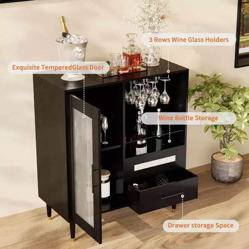 Mobile Bar da Caffè da 78 cm con Ante in Vetro, Portabicchieri e Cassetti Contenitori