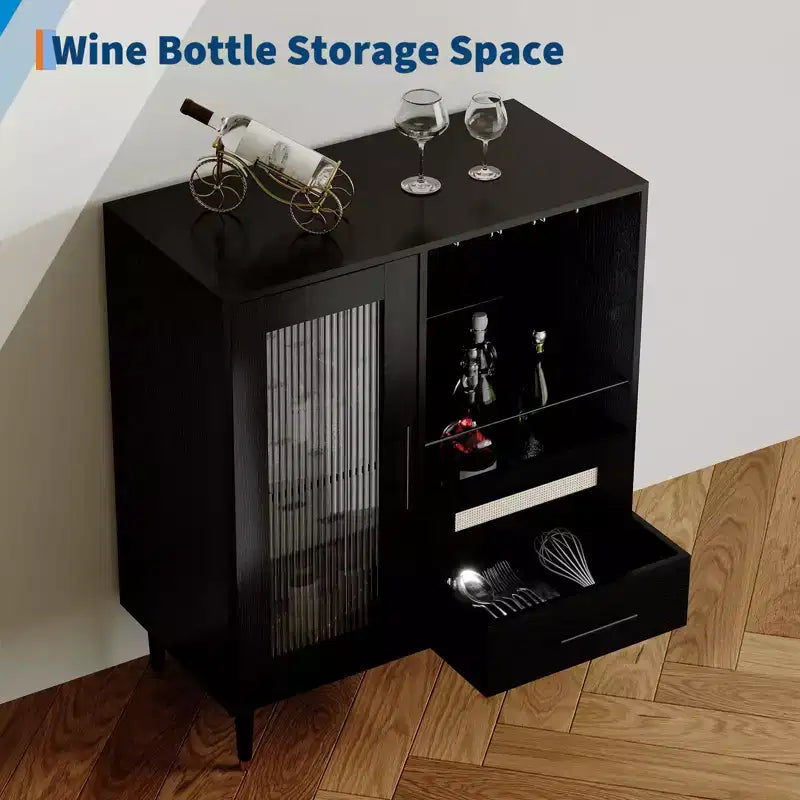 Mobile Bar da Caffè da 78 cm con Ante in Vetro, Portabicchieri e Cassetti Contenitori