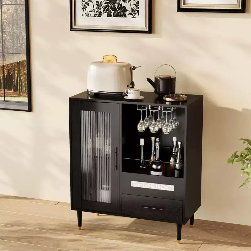 Mobile Bar da Caffè da 78 cm con Ante in Vetro, Portabicchieri e Cassetti Contenitori