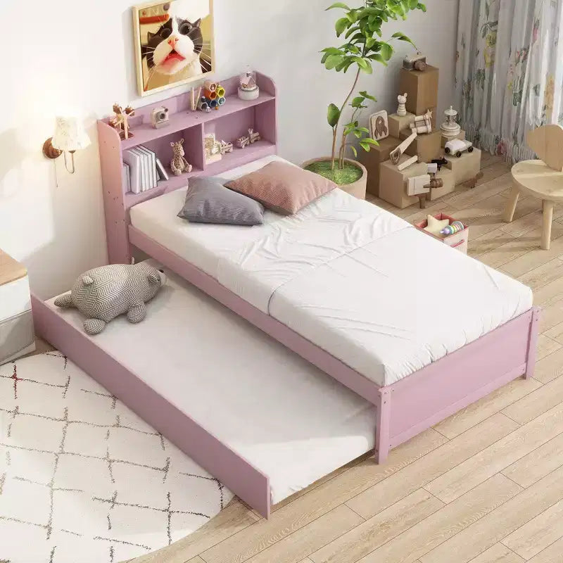 Struttura letto singolo con letto estraibile e testiera libreria contenitore