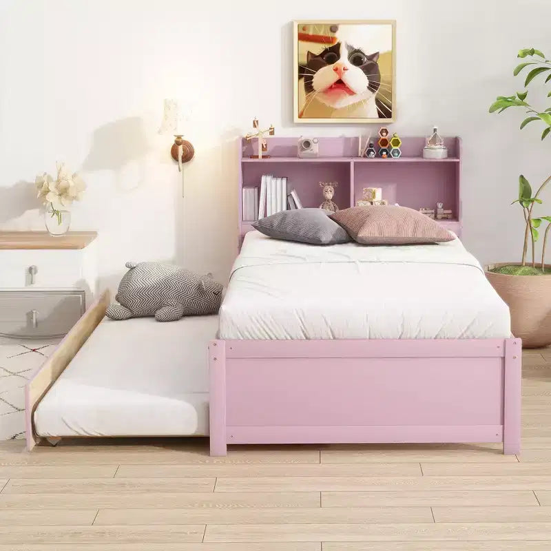 Struttura letto singolo con letto estraibile e testiera libreria contenitore