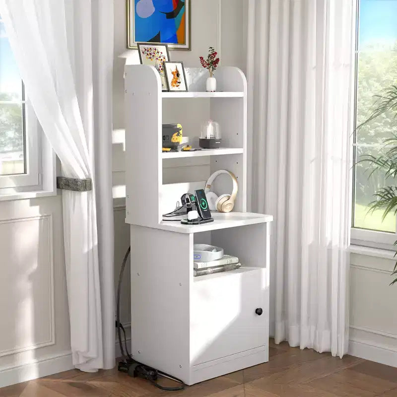 Besiost 47 Adjustable Bookshelf with Hutch, Nightstand with Charging Station, LED Lights
