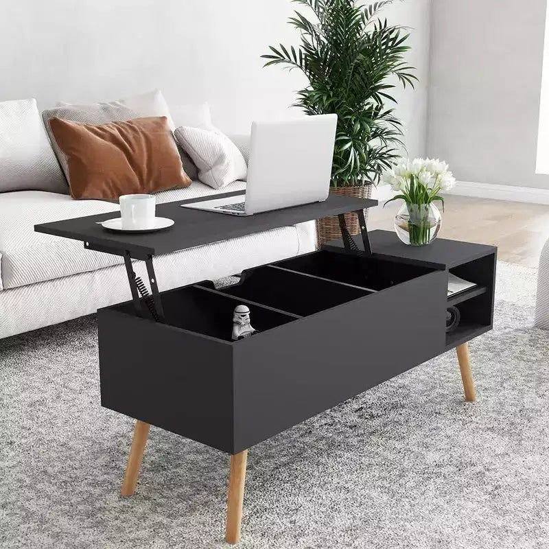 Light Gray Lift-top Coffee Table with Solid Wood Legs Hidden Compartment & Adjustable Storage Shelves