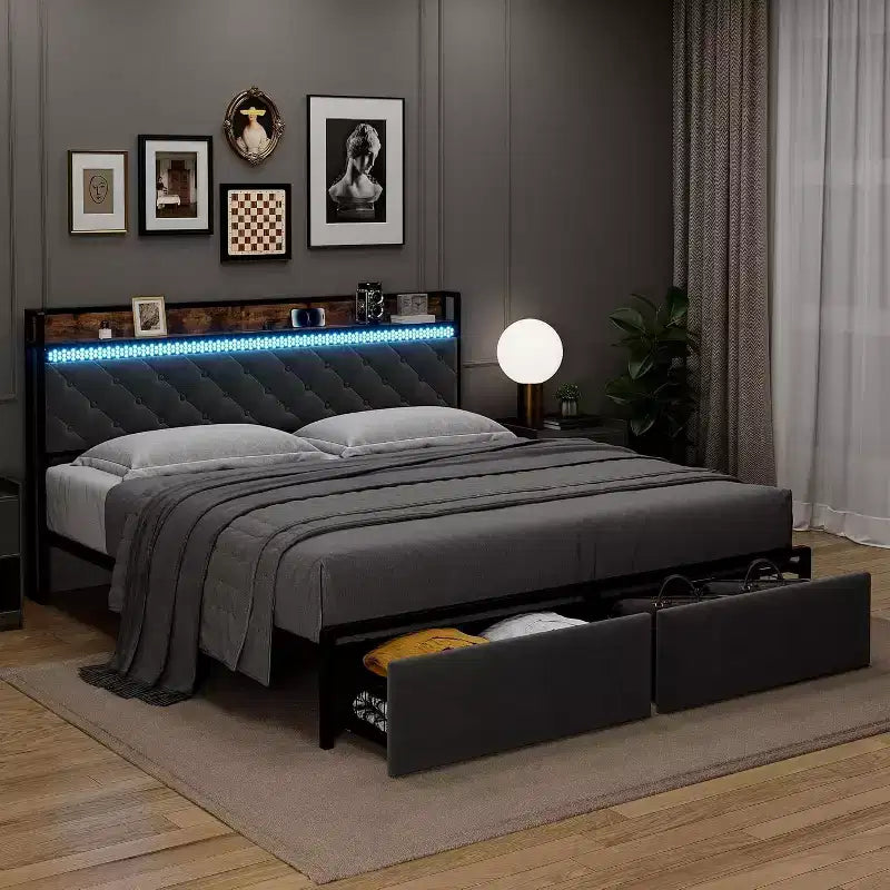 Struttura letto King Size con luci LED e cassetti contenitore
