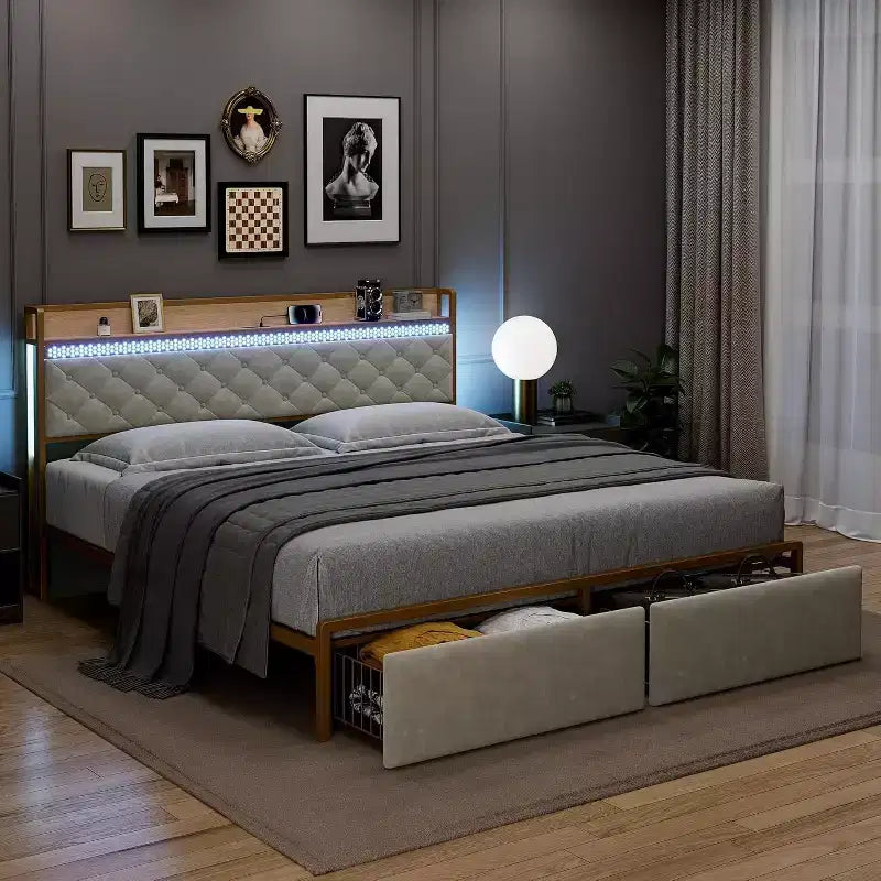 Struttura letto King Size con luci LED e cassetti contenitore
