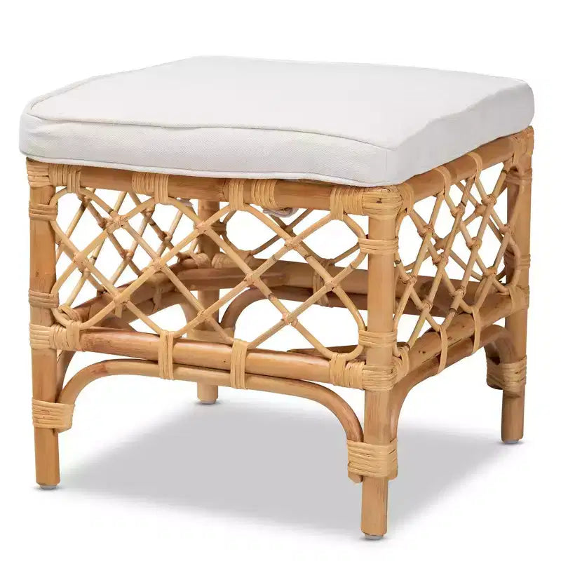Pouf quadrato in rattan con seduta imbottita in tessuto – Naturale