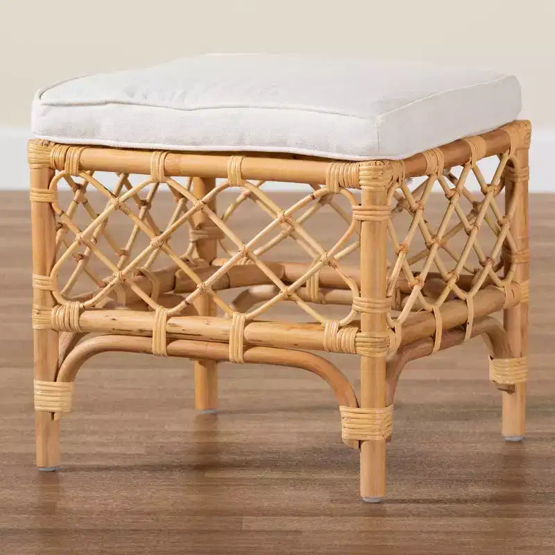 Pouf quadrato in rattan con seduta imbottita in tessuto – Naturale